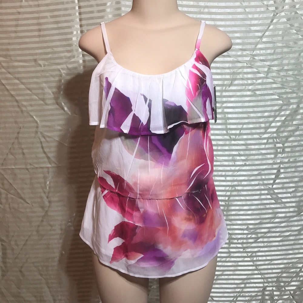 BCX Watercolor Floral Layered Chiffon Tank Top Adjustable Straps NWT M